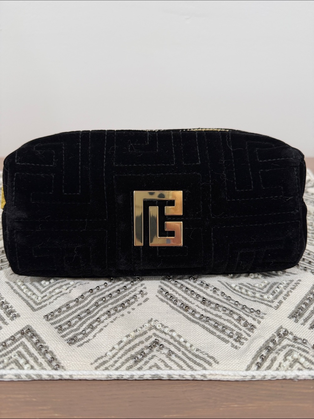 Balmain Monogram Beauty Black Velvet Cosmetic Case with Gold Logo Emblem